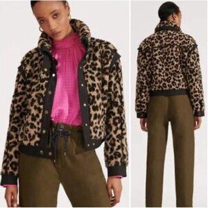 Veronica Beard Women's S Anita Fleece Faux Fur Jacket Brown Animal Crop